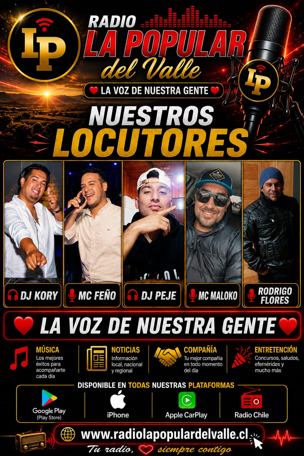 Nuestros locutores de Radio La Popular del Valle: DJ Kory, MC Feño, DJ Peje, MC Maloko y Rodrigo Flores. La voz de nuestra gente.